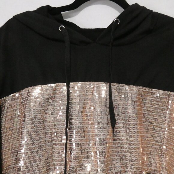 SHEIN - Curve | 2XL | Contrast Gold Sequin Drop Shoulder Drawstring Black Hoodie - Picture 6 of 16